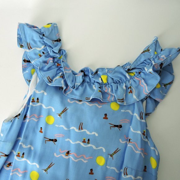 Rare Larke Anthropologie ruffle dress blue cute summer fun print 2XS petite - Picture 6 of 13